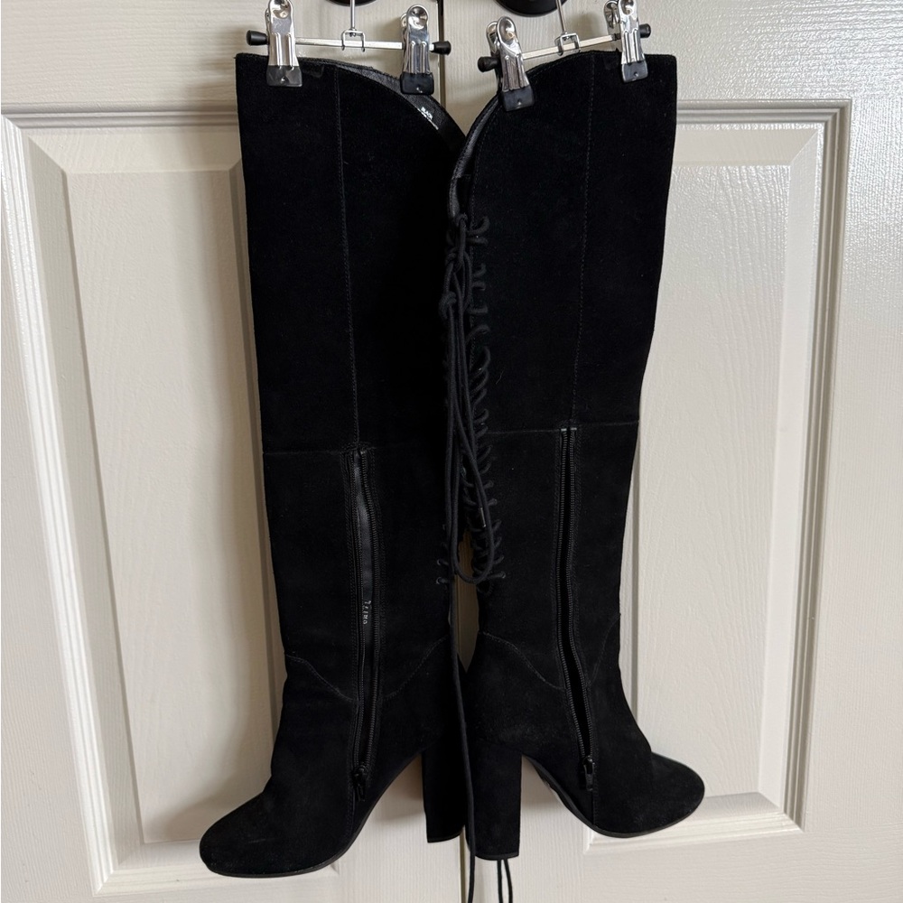 Fierce Black Leather Suede Knee-High Women's Boots with Lace up detail